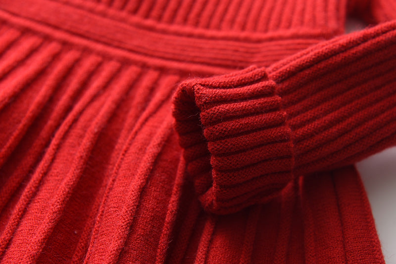 Girls Red Long Sleeve Sweater Tutu Party Dress Christmas New Year's Outfit Knee-Length Casual Cotton Polyester Turtleneck