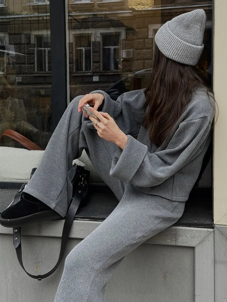 Women's Zip up Jacket And Wide Leg Pants Set Soft Knit Loose Long Sleeve Autumn Winter Casual Sweater Outfit