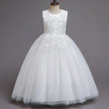 Girls White Lace Pearl Flower Princess Dress For Sequins Sleeveless First