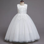 Girls White Lace Pearl Flower Princess Dress For Sequins Sleeveless First