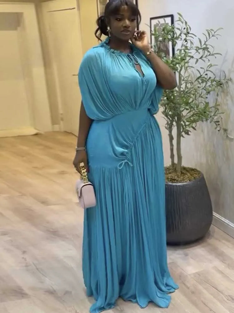 Long Summer Dress Woman High Waist Draped Chic Sky Blue Dress Straight One Piece Casual Elegant Maxi Dresses for Evening