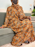 Women's Traditional Floral Ramadan Muslim Cotton Abayas Garment with attached Headscarf