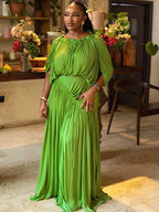 Elegant Olive Green Dress for Women Maxi Summer Dress Waist Draped Straight Type Pleated Party Dress Wholesale Dropshipping