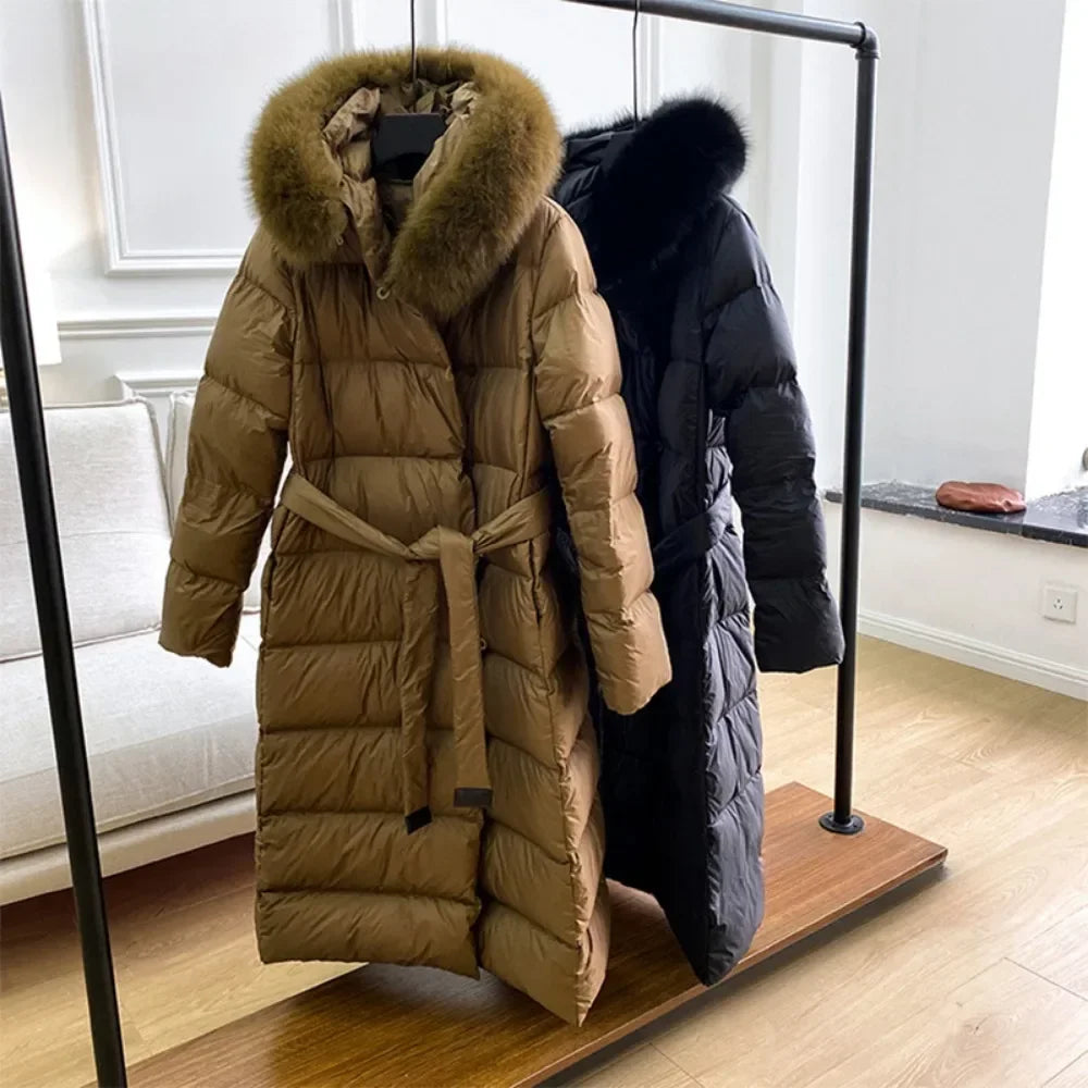 Winter Women's Ultra Light Warm Faux Fur Parka with Hooded Long Duck down Jacket White with Fur Collar Casual Snow Coat