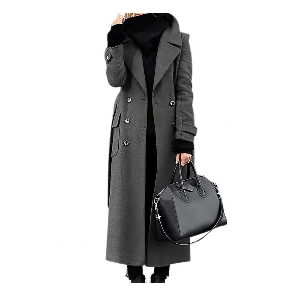Women's Woollen Double-breasted Mid-calf Long Sleeves Jacket