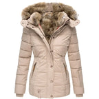 Winter Warm Wool Collar Cotton Coat Womens Zipper Long Sleeve Slim Fit Hooded
