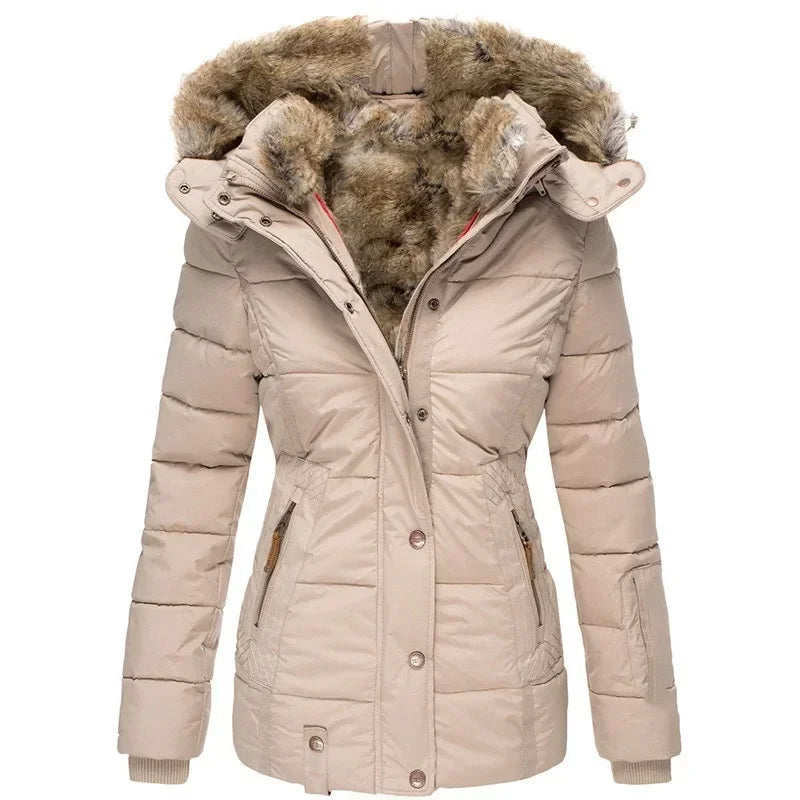 Winter Warm Wool Collar Cotton Coat Womens Zipper Long Sleeve Slim Fit Hooded