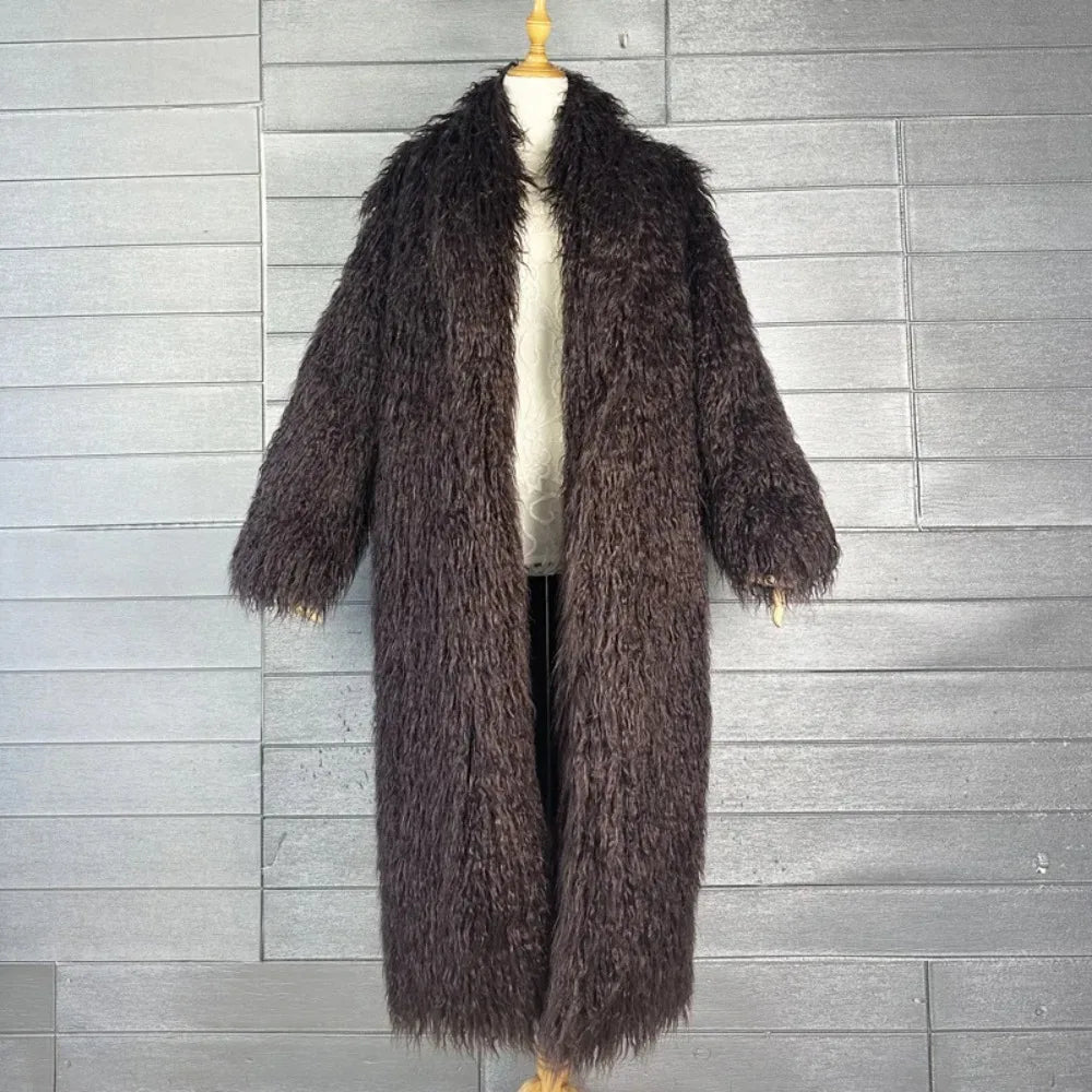 Faux Fur Jacket Women Long Coat Thick Fluffy Winter Warm Shaggy Overcoat Open Stitch Outerwear Turn Down Collar High Street