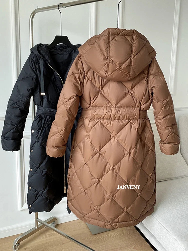 Women's Thickened Warm Hooded Puffer Jacket Winter Duck down Coat Fluffy Long Belted Zipper Closure Casual Style
