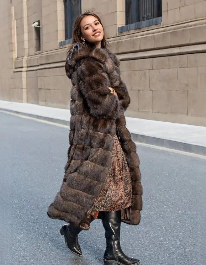 Vintage Brown Women's Winter Faux Fur Jacket Hooded Warm Thickened Fur Trim Outwear Chic Lady Eco-Friendly Coat