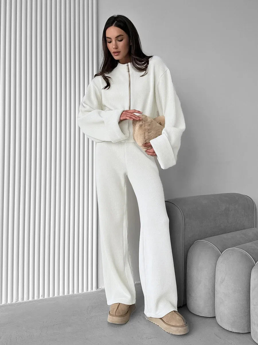 Women's Zip up Jacket And Wide Leg Pants Set Soft Knit Loose Long Sleeve Autumn Winter Casual Sweater Outfit