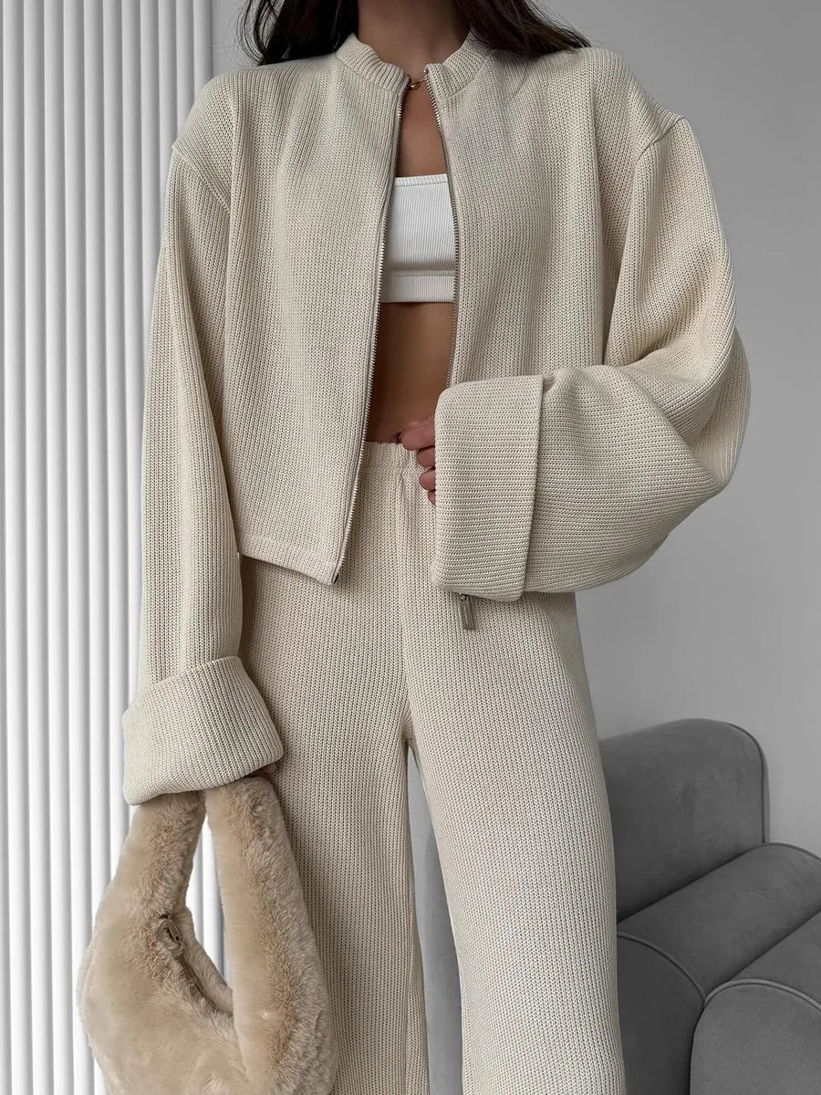 Women's Zip up Jacket And Wide Leg Pants Set Soft Knit Loose Long Sleeve Autumn Winter Casual Sweater Outfit