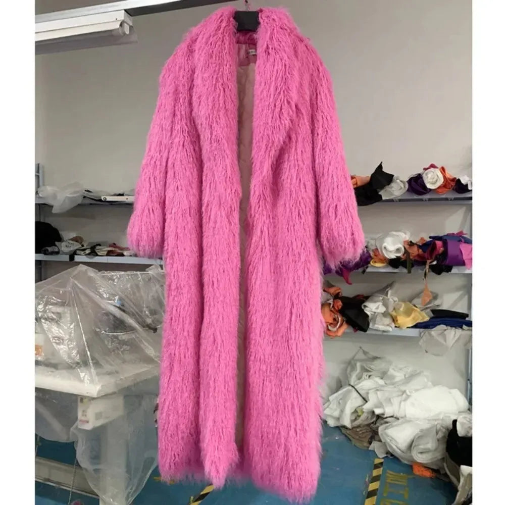 Faux Fur Jacket Women Long Coat Thick Fluffy Winter Warm Shaggy Overcoat Open Stitch Outerwear Turn Down Collar High Street