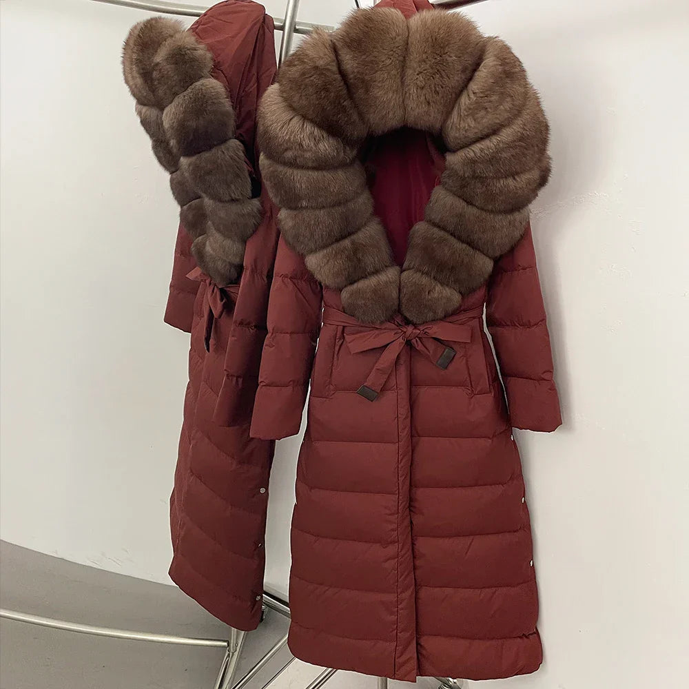 Real Faux Fur Collar Puffer Jacket Duck Down Thick Coat For Women