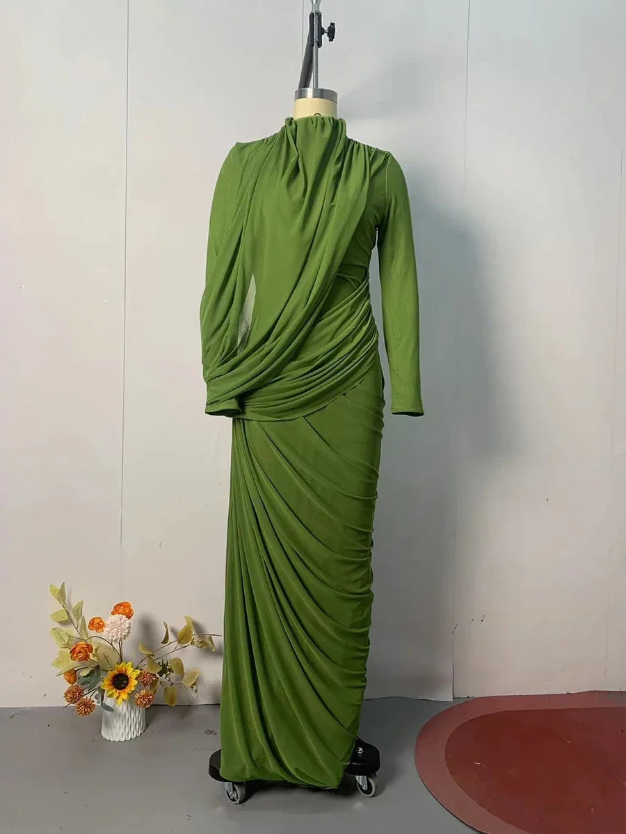 Women's Elegant Vintage Spliced Ribbon Turtleneck Long Sleeve Evening Maxi Dress