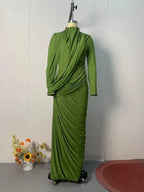 Women's Elegant Vintage Spliced Ribbon Turtleneck Long Sleeve Evening Maxi Dress