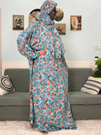 Women's Traditional Floral Ramadan Muslim Cotton Abayas Garment with attached Headscarf