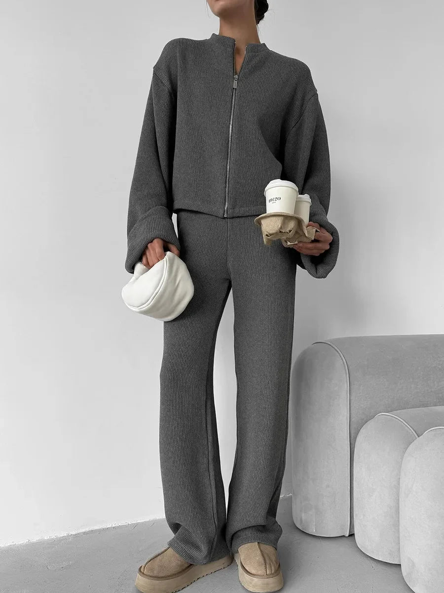 Women's Zip up Jacket And Wide Leg Pants Set Soft Knit Loose Long Sleeve Autumn Winter Casual Sweater Outfit