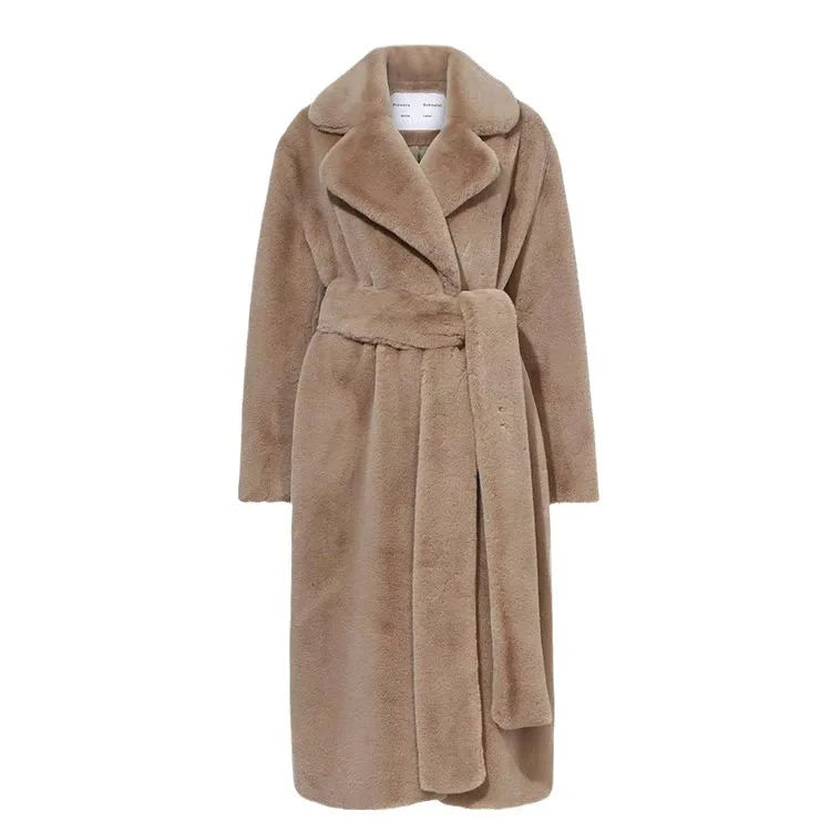 Luxury Lace Up Faux Fur Coat Women Chic Lapel Full Sleeve Fluffy Loose Warm Long Jacket Lady Winter Daily Highstreet Outerwears
