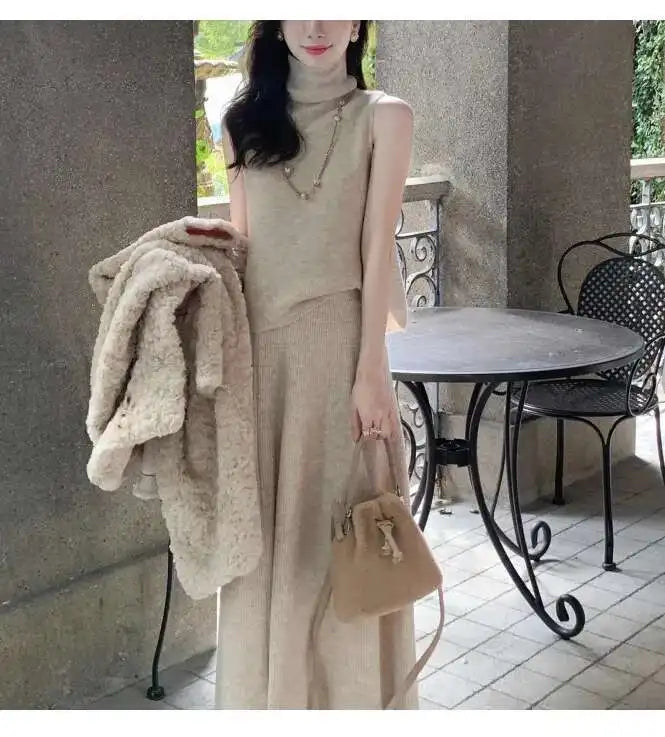 Elegant Knitted 3 Piece Set Women Long Cardigan Coat Sleeveless Vest High Waist A-line Long Skirt