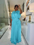 Long Summer Dress Woman High Waist Draped Chic Sky Blue Dress Straight One Piece Casual Elegant Maxi Dresses for Evening