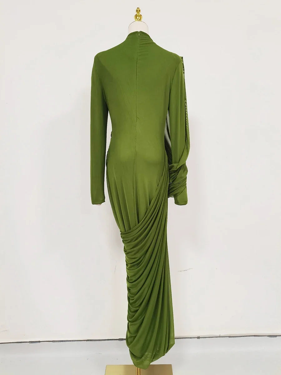 Women's Elegant Vintage Spliced Ribbon Turtleneck Long Sleeve Evening Maxi Dress