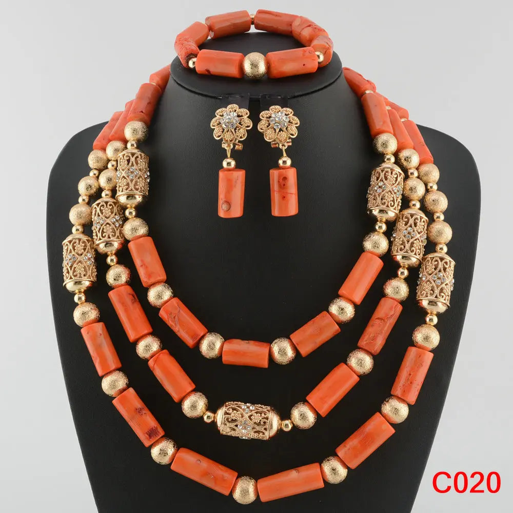 Latest Coral Jewelry Sets Nigerian Dubai Orange Necklace Sets of Beads African