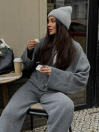 Women's Zip up Jacket And Wide Leg Pants Set Soft Knit Loose Long Sleeve Autumn Winter Casual Sweater Outfit