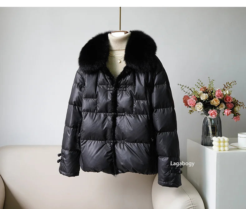 Women's White Duck down Jacket 2025 Winter Collection Real Faux Fur Collar Hair Puffer Coat Vintage Street wear