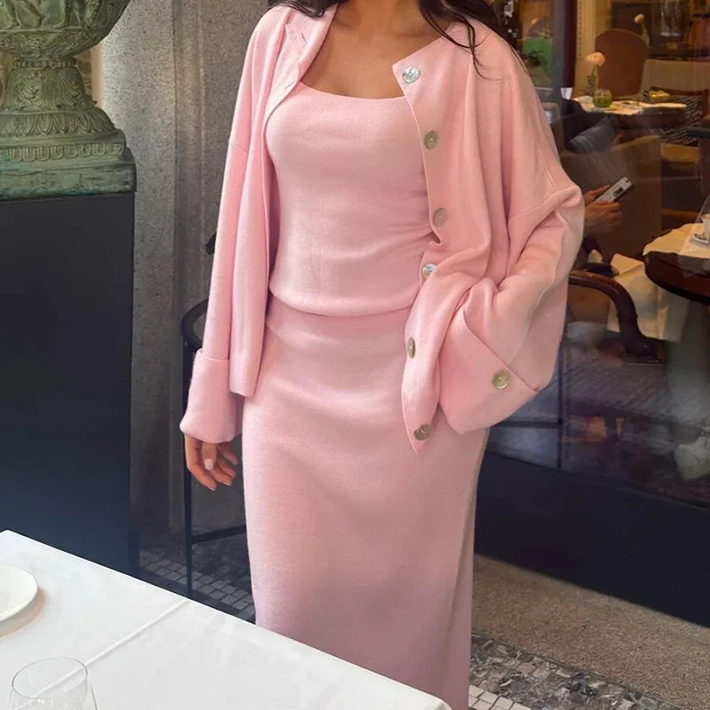 Women's Fashion Three Piece Set Solid Knitted Vest Long Sleeve Single Breasted Coat Chic Maxi Skirt Outfit Winter Casual Dress