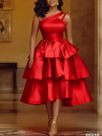 Women's Elegant One-Shoulder Ruffle Layered Party Dress Shiny Mid-Calf Gown for Christmas Birthday Wedding Guest Events