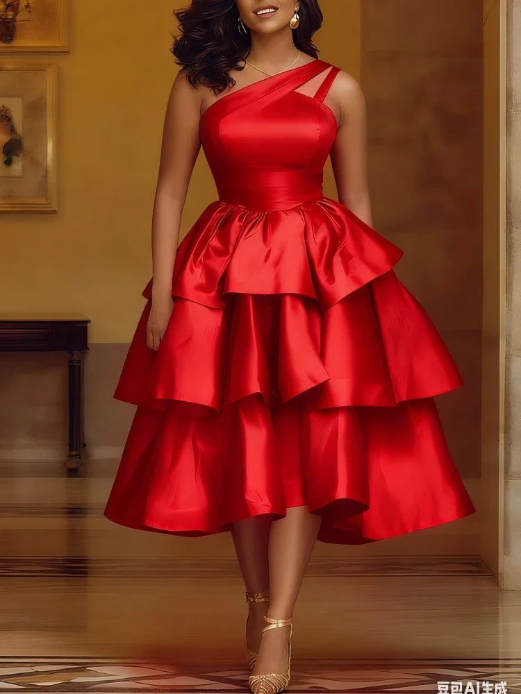 Women's Elegant One-Shoulder Ruffle Layered Party Dress Shiny Mid-Calf Gown for Christmas Birthday Wedding Guest Events