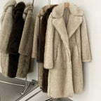 Women's Long Faux Fur Jacket European Style Lapel Casual Coat Eco-Friendly Covered Button Loose Fit Winter Warm