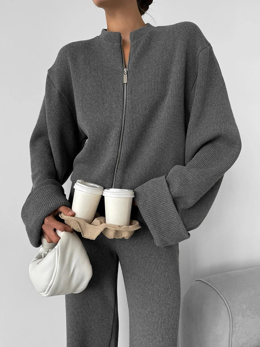 Women's Zip up Jacket And Wide Leg Pants Set Soft Knit Loose Long Sleeve Autumn Winter Casual Sweater Outfit