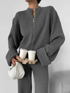Women's Zip up Jacket And Wide Leg Pants Set Soft Knit Loose Long Sleeve Autumn Winter Casual Sweater Outfit