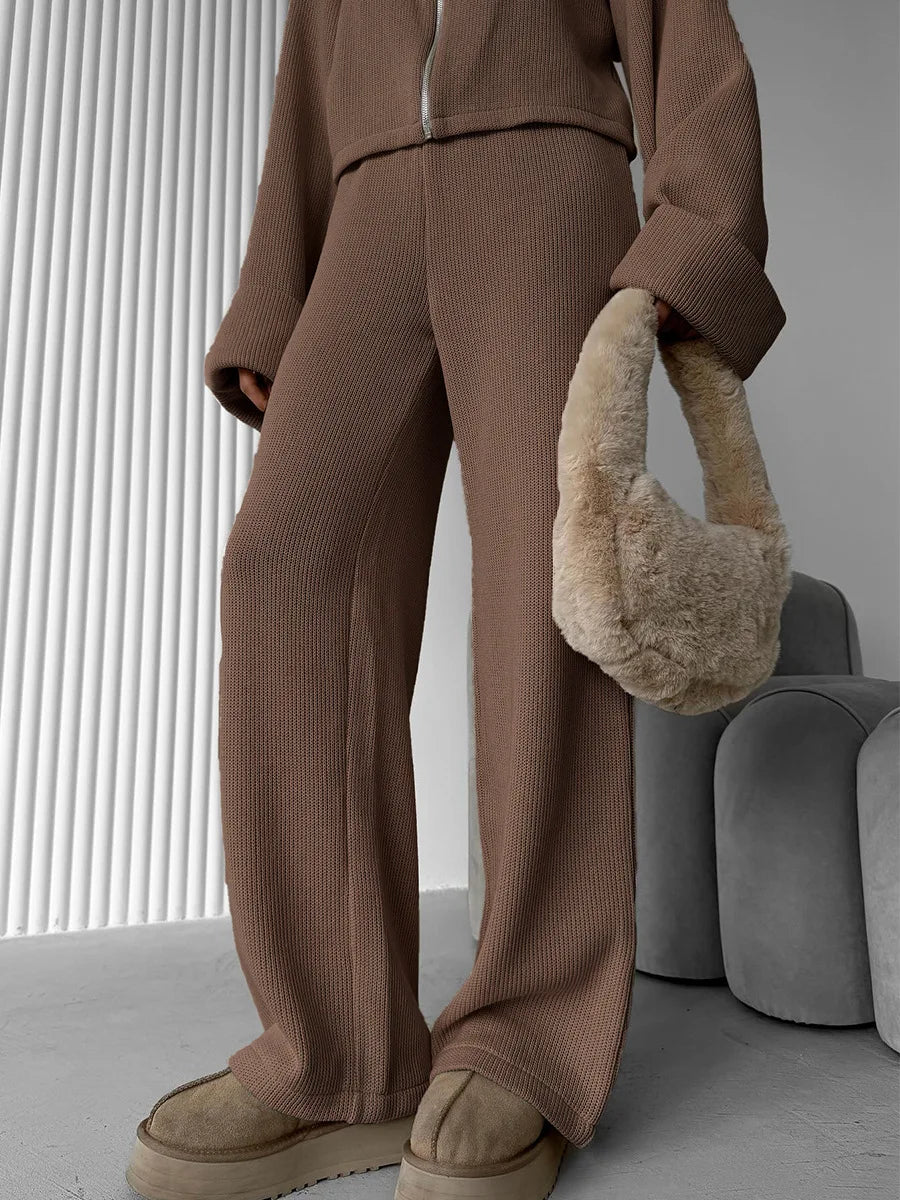 Women's Zip up Jacket And Wide Leg Pants Set Soft Knit Loose Long Sleeve Autumn Winter Casual Sweater Outfit