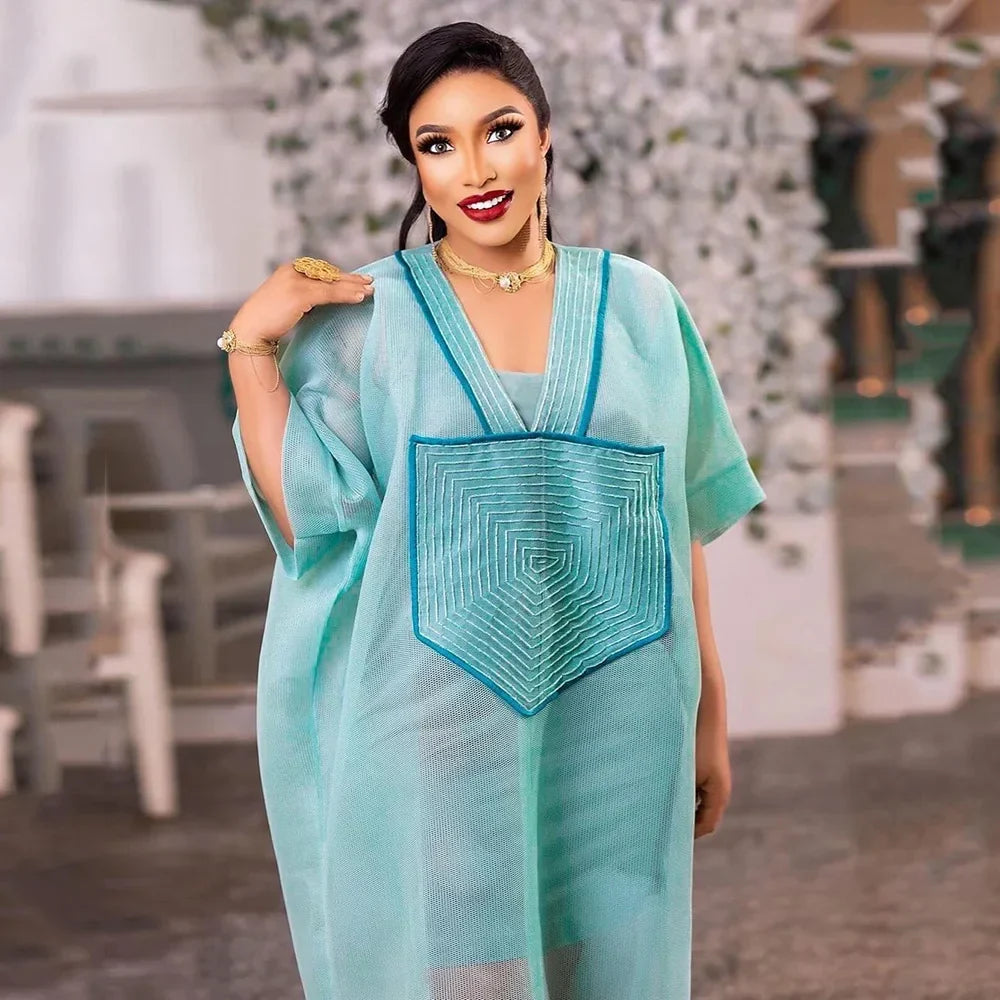 African Modern design blue mesh embroidered deep V-neck plus size skirt with