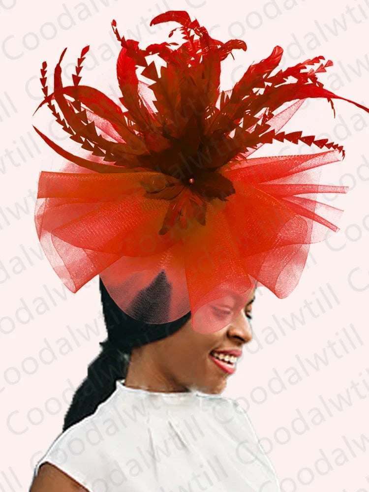 Kentucky Derby Big Fascinator Hat Women Wedding Elegant Feather Pillbox Cap