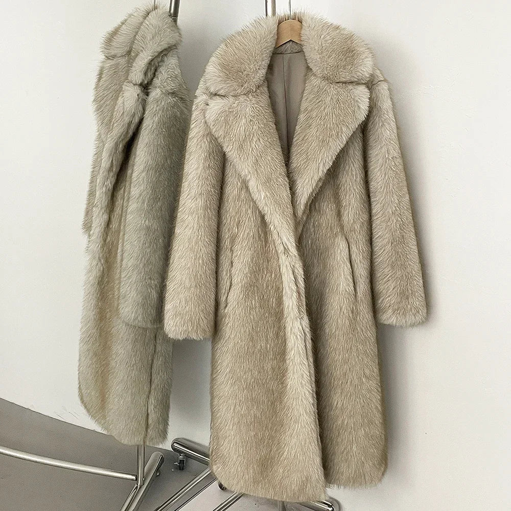 Women's Long Faux Fur Jacket European Style Lapel Casual Coat Eco-Friendly Covered Button Loose Fit Winter Warm