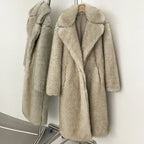 Women's Long Faux Fur Jacket European Style Lapel Casual Coat Eco-Friendly Covered Button Loose Fit Winter Warm