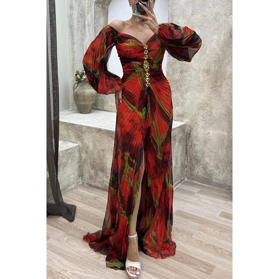 Women Floral Lantern Long Sleeve Dress Elegant Rhinestone Off Shoulder Maxi