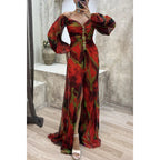 Women Floral Lantern Long Sleeve Dress Elegant Rhinestone Off Shoulder Maxi