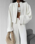 Women's Zip up Jacket And Wide Leg Pants Set Soft Knit Loose Long Sleeve Autumn Winter Casual Sweater Outfit