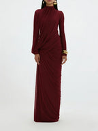 Women's Elegant Vintage Spliced Ribbon Turtleneck Long Sleeve Evening Maxi Dress