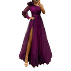 2024 Womens Evening Dress One Shoulder Pleated Pleated Mesh Single Long Sleeve