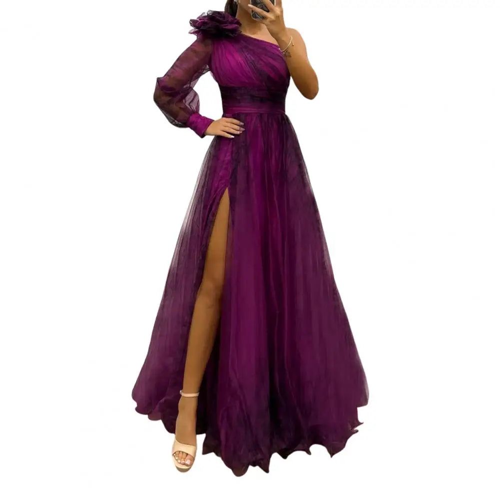 2024 Womens Evening Dress One Shoulder Pleated Pleated Mesh Single Long Sleeve