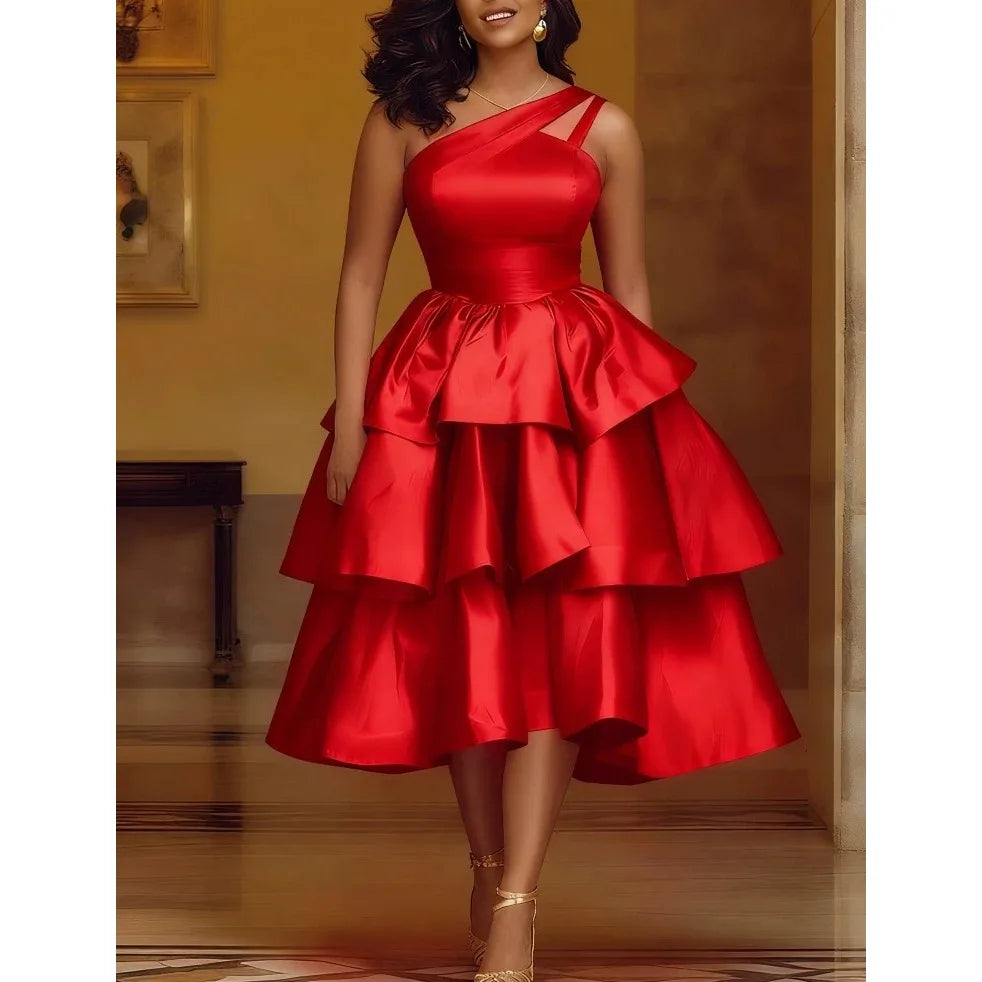 Women's Elegant One-Shoulder Ruffle Layered Party Dress Shiny Mid-Calf Gown for Christmas Birthday Wedding Guest Events