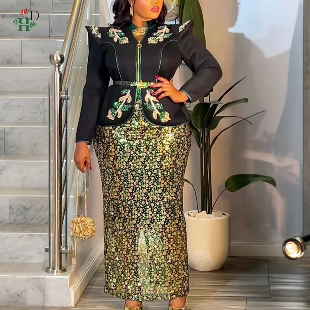 H&D African dresses for woman Turkey dress Sequin Diamond Robe Africaine African clothing Fashion Boubou Africain femme 2026 New