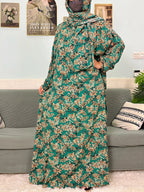 Women's Traditional Floral Ramadan Muslim Cotton Abayas Garment with attached Headscarf