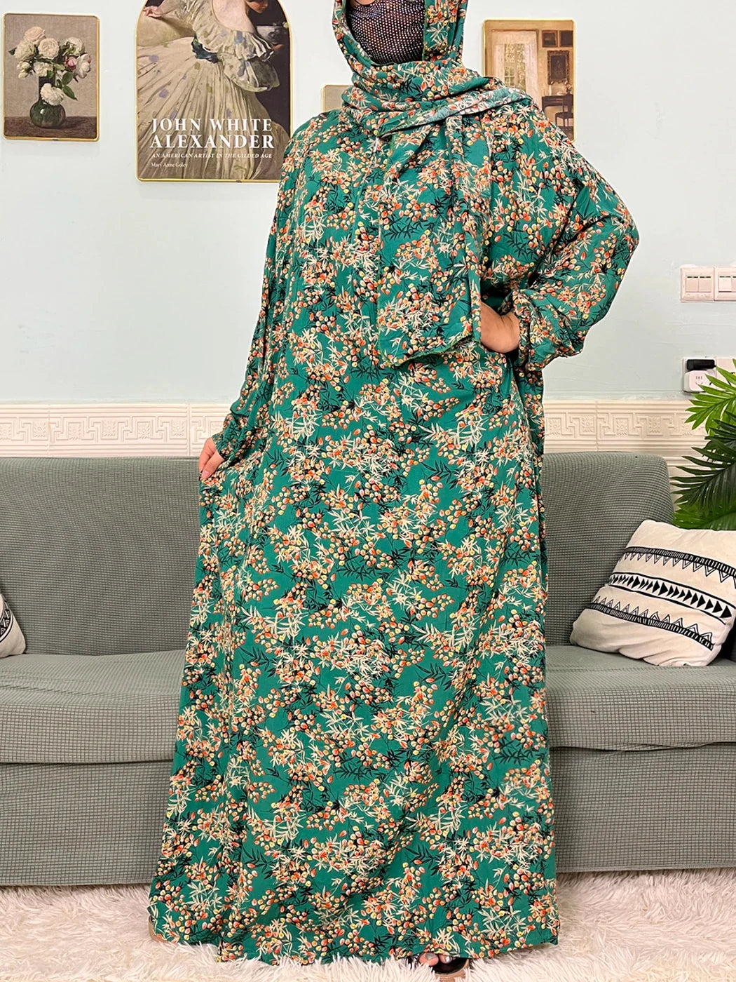 Women's Traditional Floral Ramadan Muslim Cotton Abayas Garment with attached Headscarf